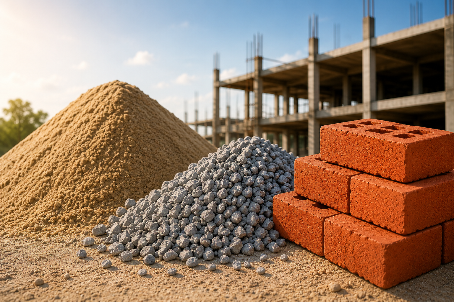 Construction sand, kapchi and bricks